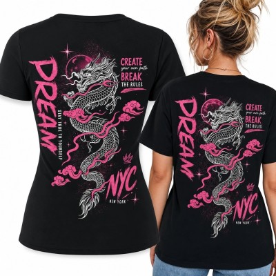 Koszulka damska ze wschodnim smokiem i napisem „Dream” - streetwear NYC