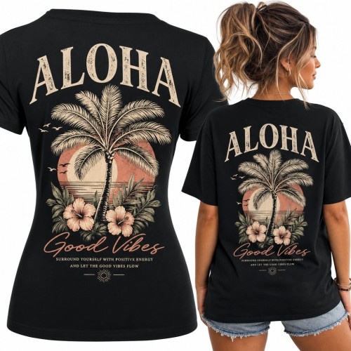 Koszulka damska z palmą i hibiskusami „Aloha” - „Good Vibes”