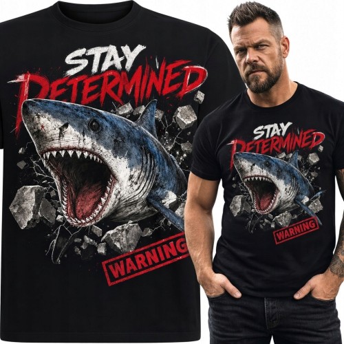 Koszulka męska z atakującym rekinem „Stay Determined” - mocny motyw determinacji