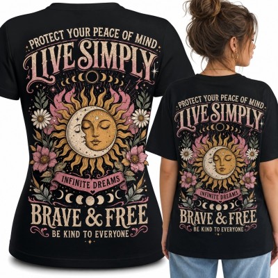 Koszulka damska boho ze słońcem i księżycem „Live Simply” - nadruk na plecach