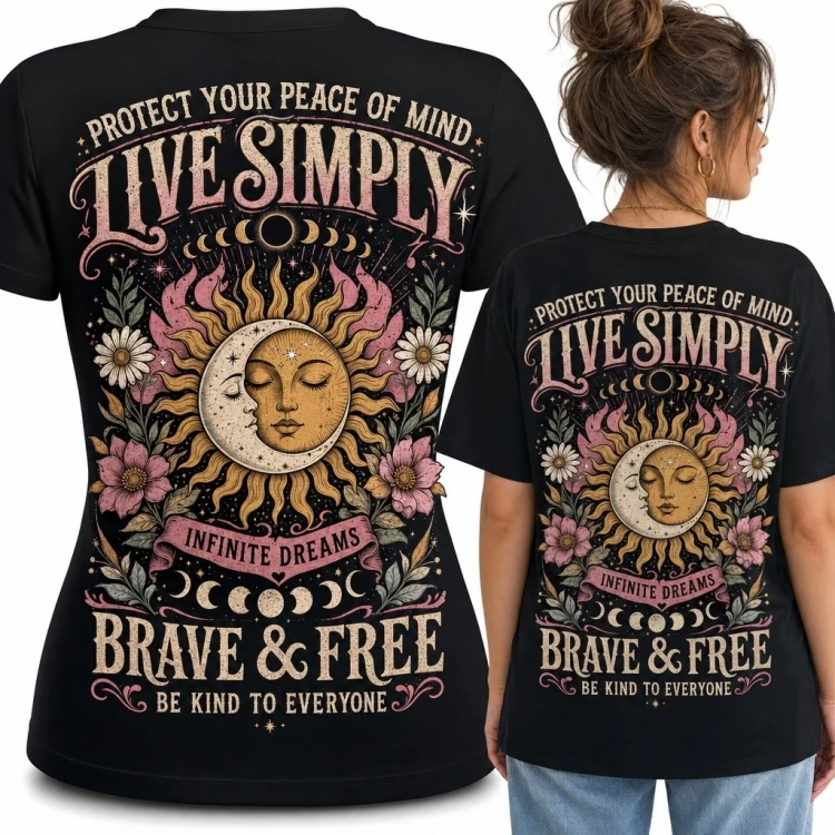 Koszulka damska boho ze słońcem i księżycem „Live Simply” - nadruk na plecach