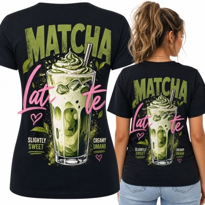 Koszulka damska z matcha latte i napisem „Matcha Latte” - duży nadruk na plecach