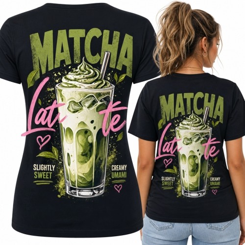 Koszulka damska z matcha latte i napisem „Matcha Latte” - duży nadruk na plecach