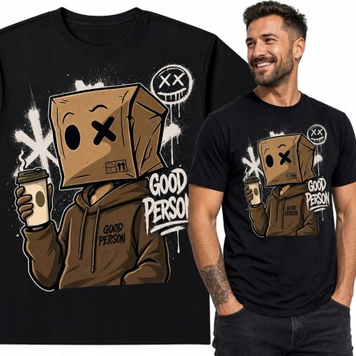 Koszulka męska streetwear z postacią w papierowej torbie i napisem „Good Person”