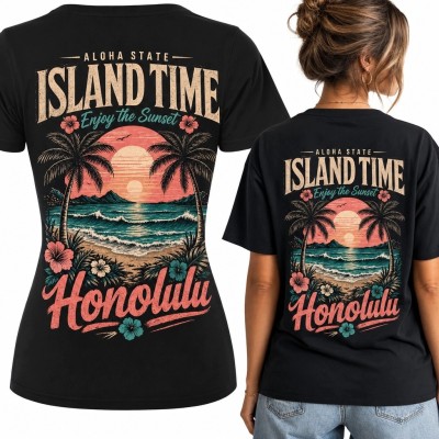 Koszulka damska Honolulu „Island Time” - tropikalny zachód słońca