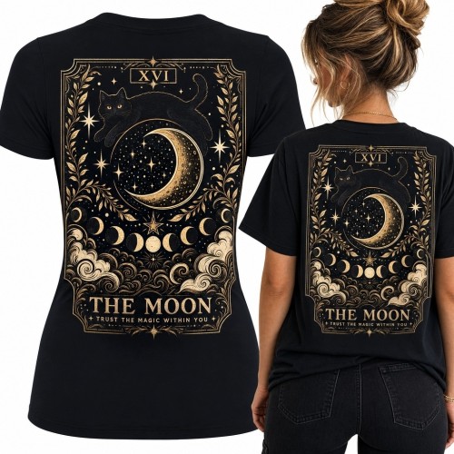 Koszulka damska z tarotowym motywem Księżyca i kotami „The Moon”