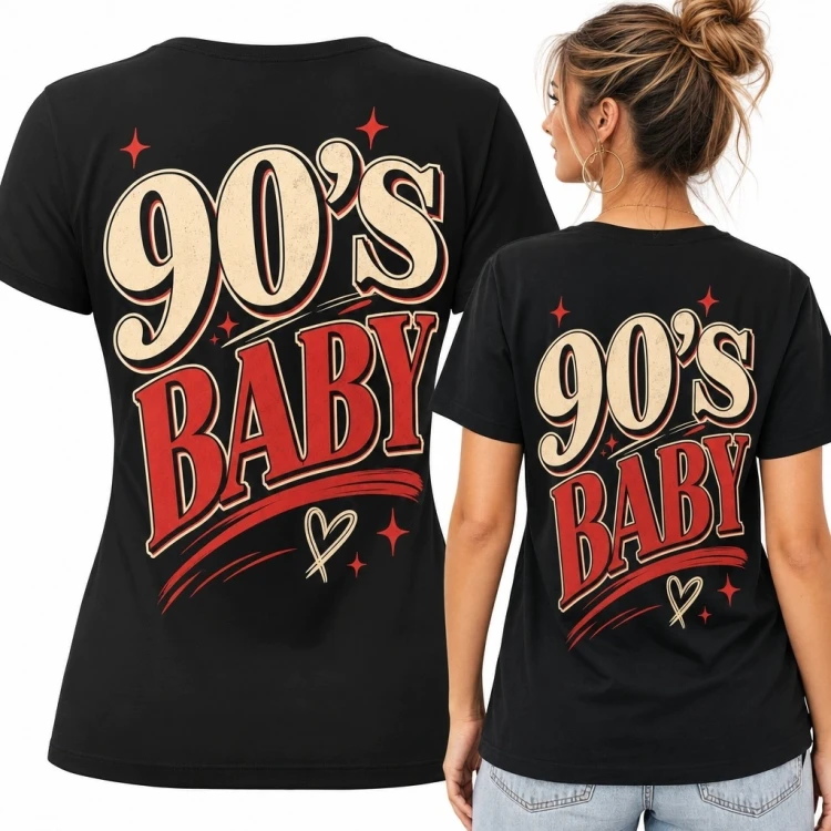 Koszulka damska z nadrukiem na plecach „90's Baby” - retro lata 90