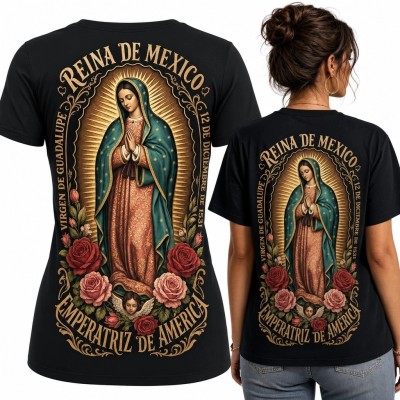 Koszulka damska z Matką Bożą z Guadalupe „Reina de Mexico” - duży nadruk na plecach