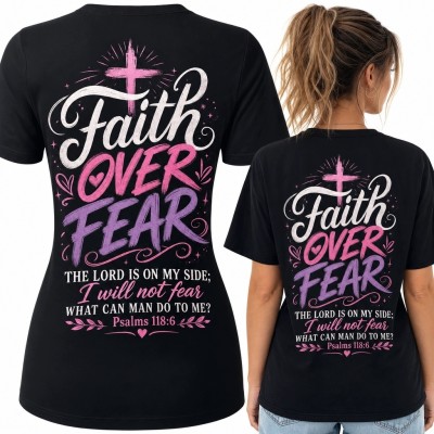 Koszulka damska chrześcijańska z krzyżem „Faith Over Fear” - nadruk na plecach