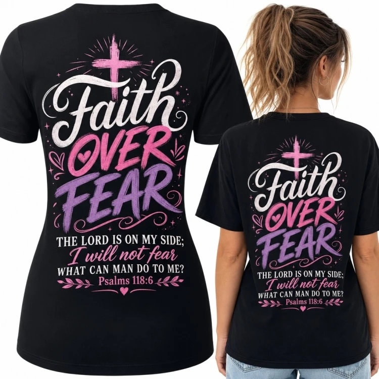 Koszulka damska chrześcijańska z krzyżem „Faith Over Fear” - nadruk na plecach