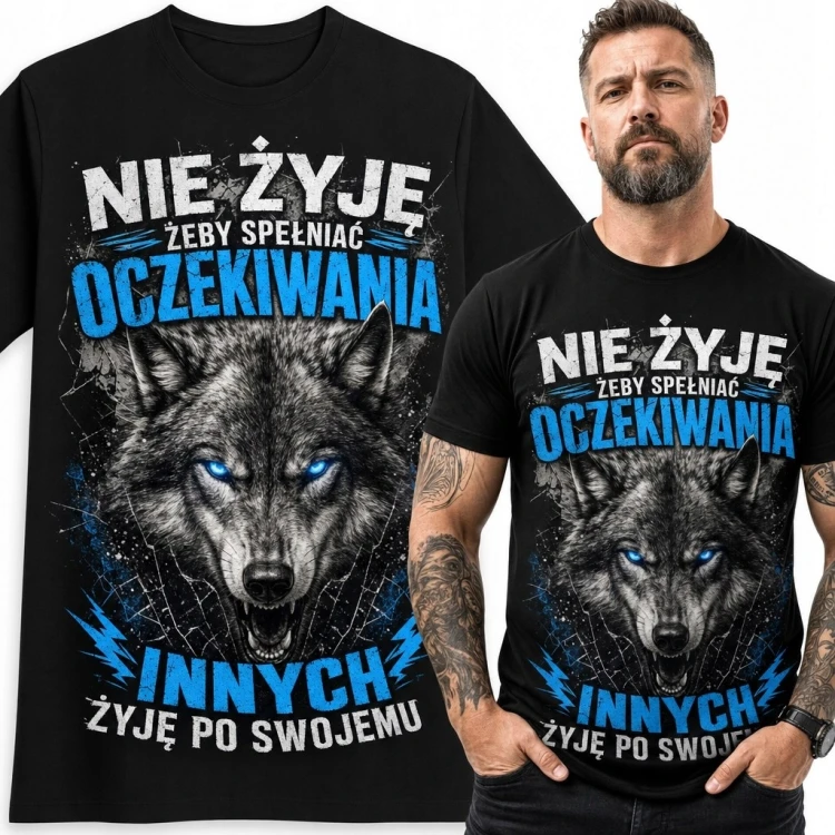 Koszulka męska z wilkiem „Nie żyję, żeby spełniać oczekiwania innych - żyję po swojemu”