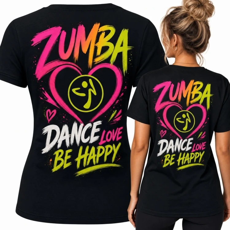 Koszulka damska do zumby „Zumba” - neonowy nadruk na plecach