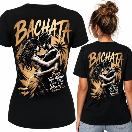 Koszulka damska do bachaty „Bachata” - tańcząca para i tropikalny motyw