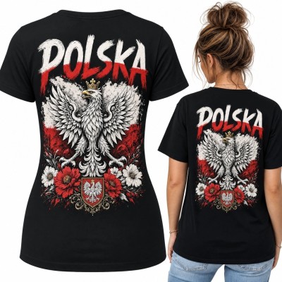 Koszulka damska z orłem i napisem „POLSKA” - czarna, z biało-czerwonymi kwiatami na plecach