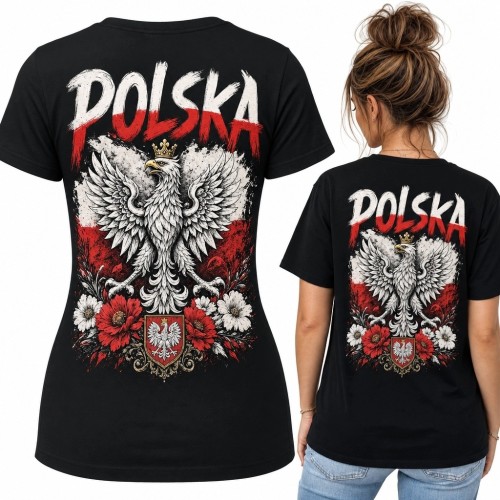 Koszulka damska z orłem i napisem „POLSKA” - czarna, z biało-czerwonymi kwiatami na plecach
