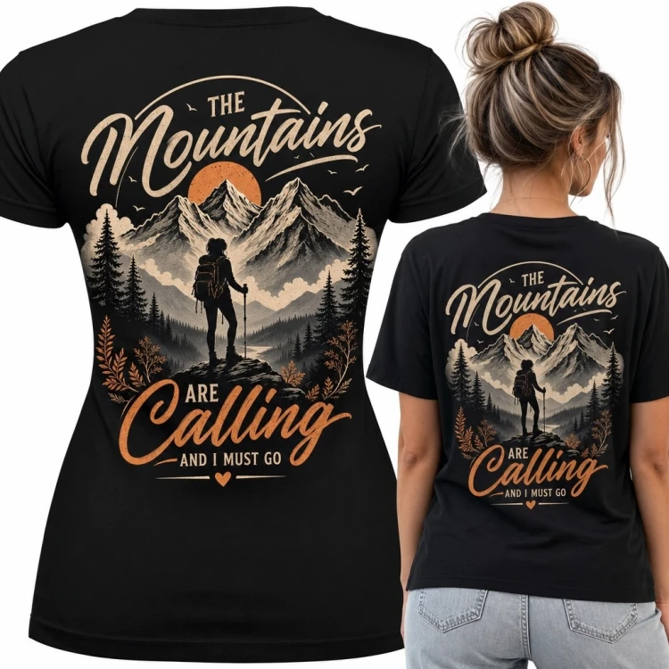 Koszulka damska dla miłośniczki gór „The Mountains are calling and I must go” - wędrowniczka na szlaku