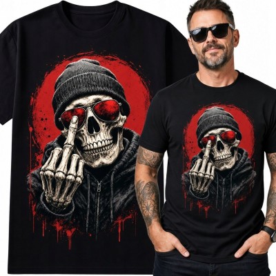 Koszulka męska z czaszką pokazującą środkowy palec - mroczny streetwear