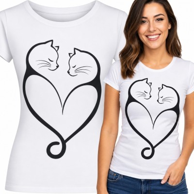 Koszulka damska z dwoma kotami tworzącymi serce - minimalistyczny koci wzór