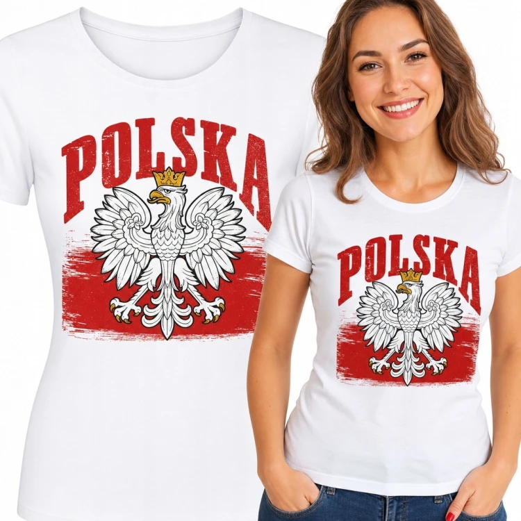 Koszulka damska z orłem w koronie i napisem „Polska” - wzór patriotyczny