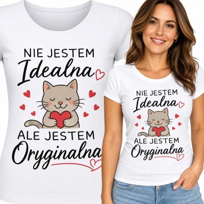Koszulka damska z kotem i sercem „Nie jestem idealna, ale jestem oryginalna”