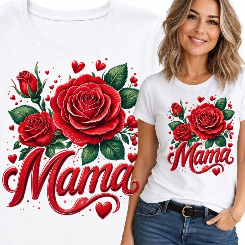Koszulka damska dla mamy z bukietem czerwonych róż i napisem „Mama”