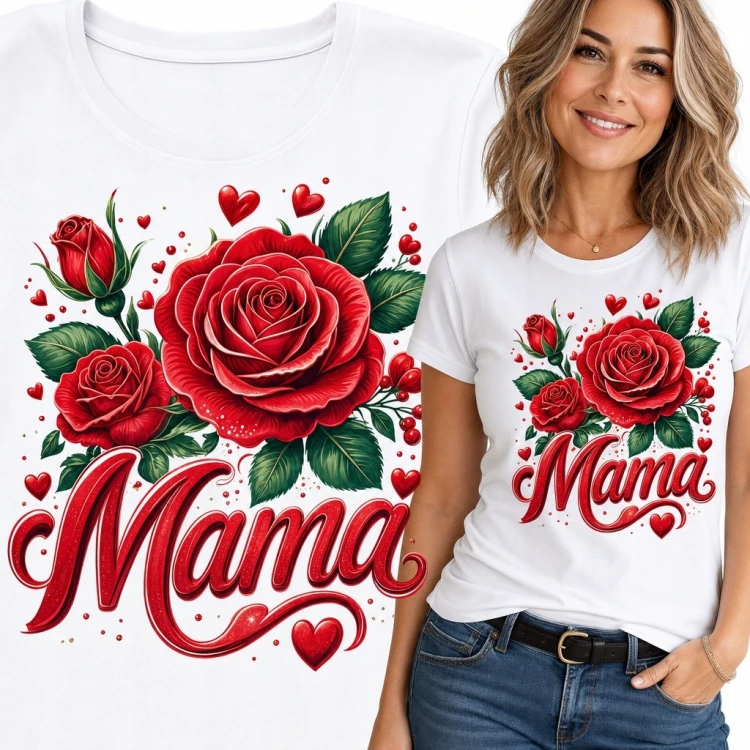 Koszulka damska dla mamy z bukietem czerwonych róż i napisem „Mama”