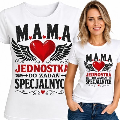 Koszulka damska dla mamy „M.A.M.A jednostka do zadań specjalnych” - serce ze skrzydłami