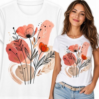 Koszulka damska z artystycznym bukietem polnych kwiatów - botaniczny line art