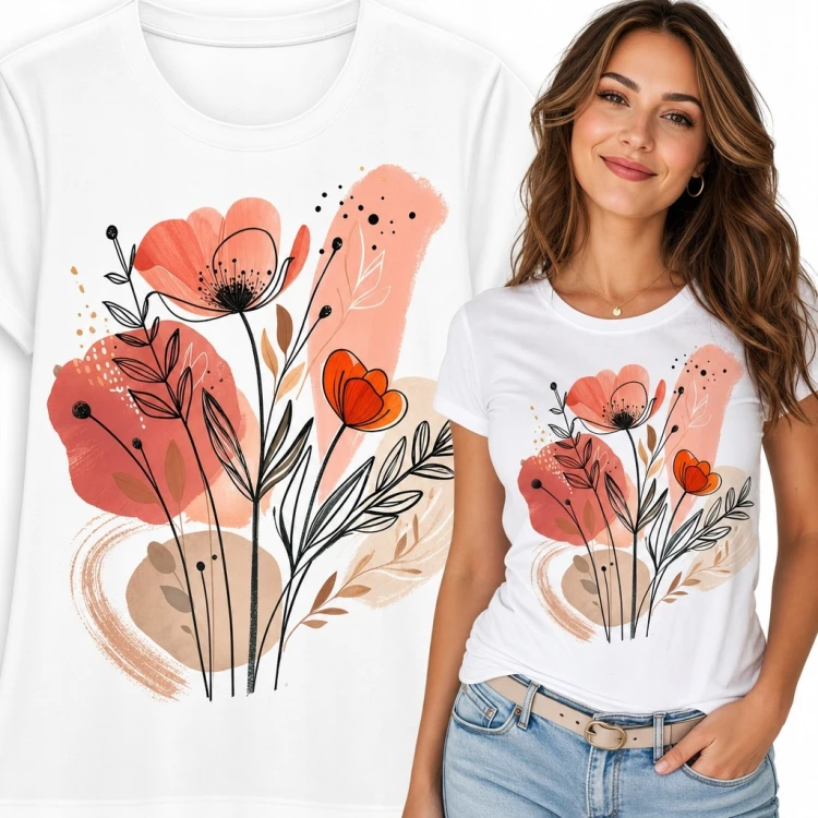 Koszulka damska z artystycznym bukietem polnych kwiatów - botaniczny line art