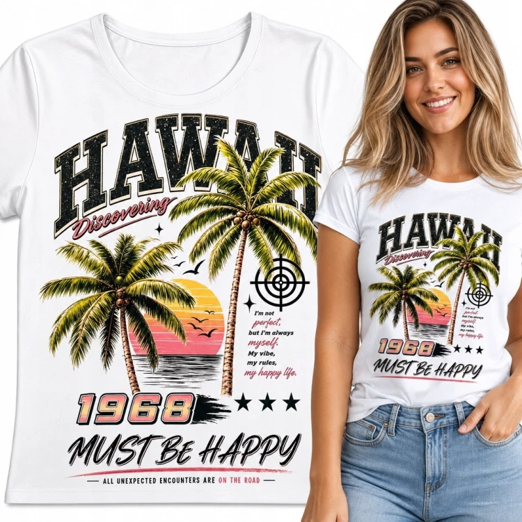 Koszulka damska z tropikalnym motywem Hawajów „Hawaii” - rok 1968 w stylu retro