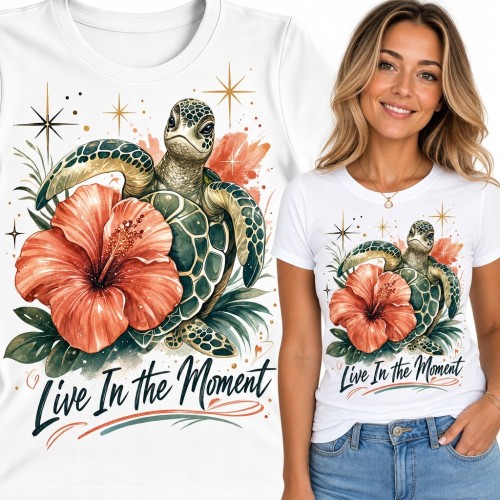 Koszulka damska z żółwiem morskim i napisem „Live In the Moment” - tropikalny hibiskus