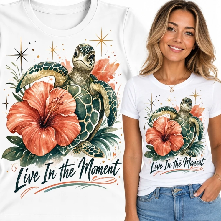 Koszulka damska z żółwiem morskim i napisem „Live In the Moment” - tropikalny hibiskus