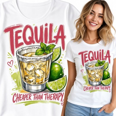 Koszulka damska z tequilą „Tequila” i „Cheaper than therapy”