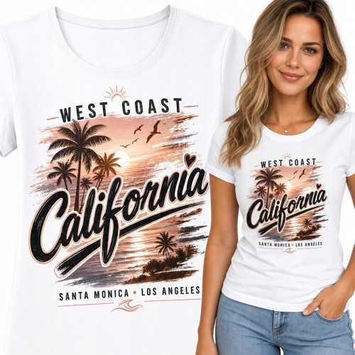 Koszulka damska z palmami i zachodem słońca „California” - retro West Coast