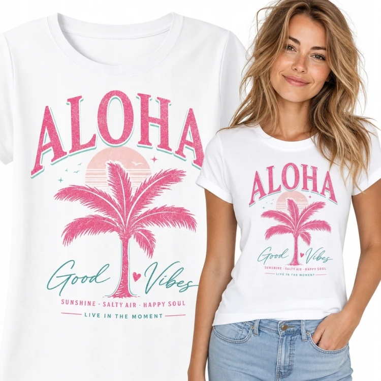 Koszulka damska z różową palmą i napisami „Aloha” oraz „Good Vibes” - tropikalny wzór