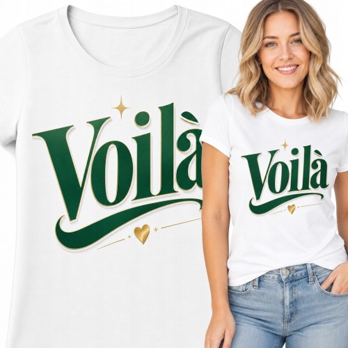Koszulka damska z napisem „Voilà” - elegancki zielono-złoty nadruk