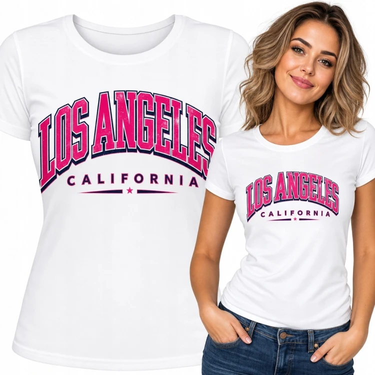 Koszulka damska z nadrukiem college „Los Angeles” i „California”
