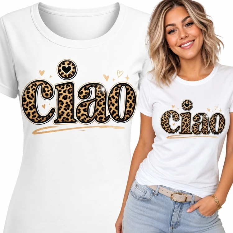 Koszulka damska z napisem „Ciao” w panterkę