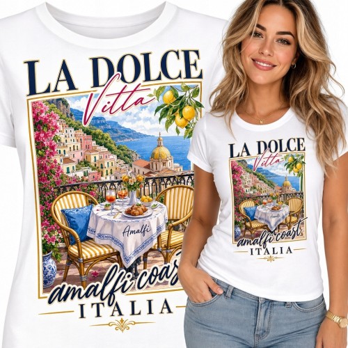 Koszulka damska z wybrzeżem Amalfi i napisem „La Dolce Vita” - włoski motyw wakacyjny