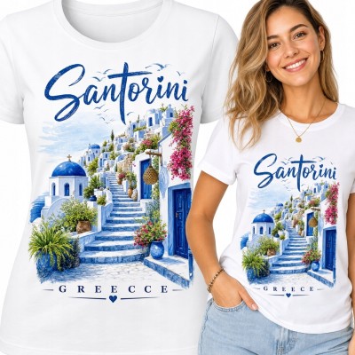 Koszulka damska z grecką uliczką i napisem „Santorini” - wakacyjny motyw Grecji