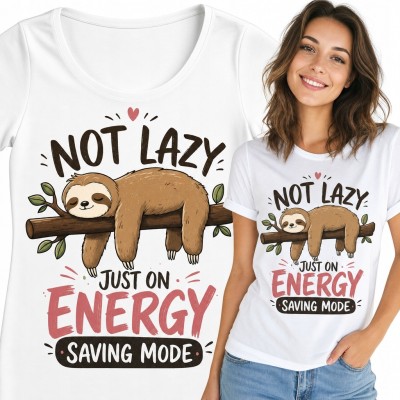 Koszulka damska z leniwcem „Not lazy just on energy saving mode” - zabawny nadruk