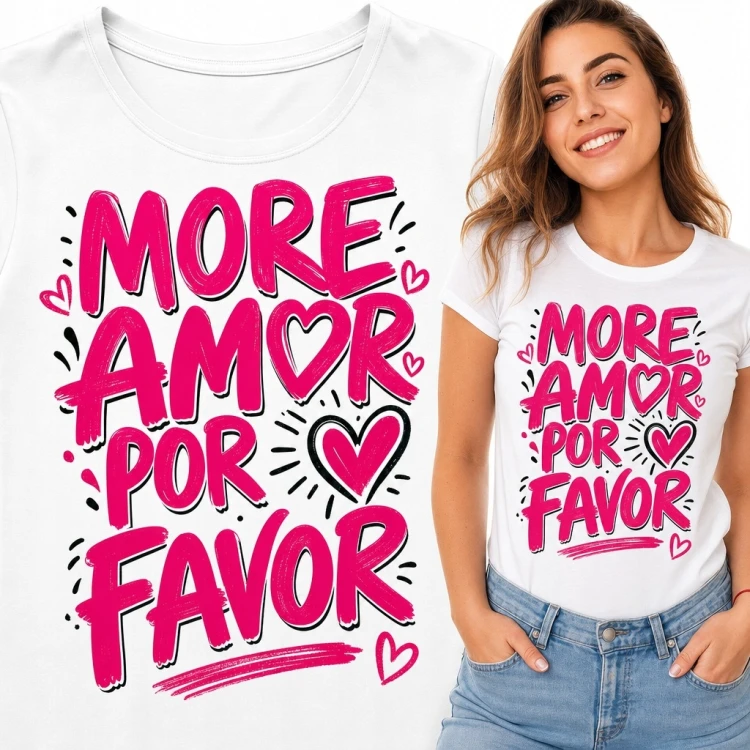Koszulka damska z sercami „More Amor Por Favor” - romantyczny nadruk