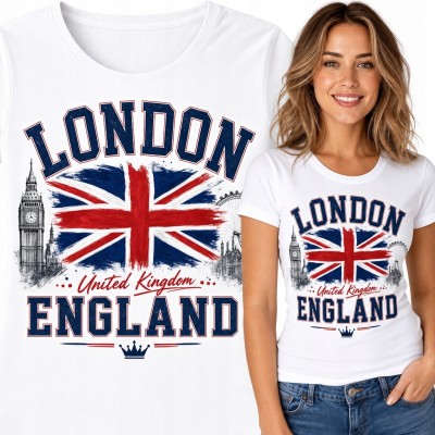 Koszulka damska z Londynem i Union Jackiem „London / England” - styl retro