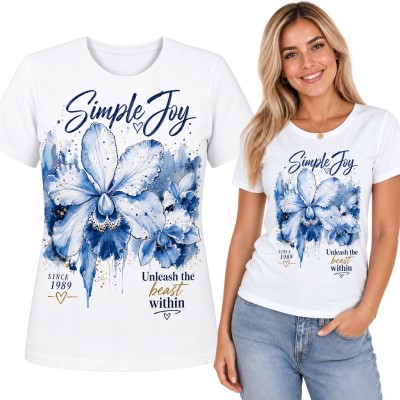 Koszulka damska z niebieskimi orchideami „Simple Joy” - akwarelowy motyw