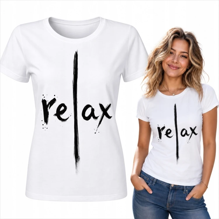 Koszulka damska z napisem „relax” - minimalistyczny czarny nadruk
