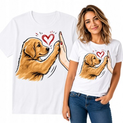 Koszulka damska z golden retrieverem przybijającym piątkę - czerwone serce