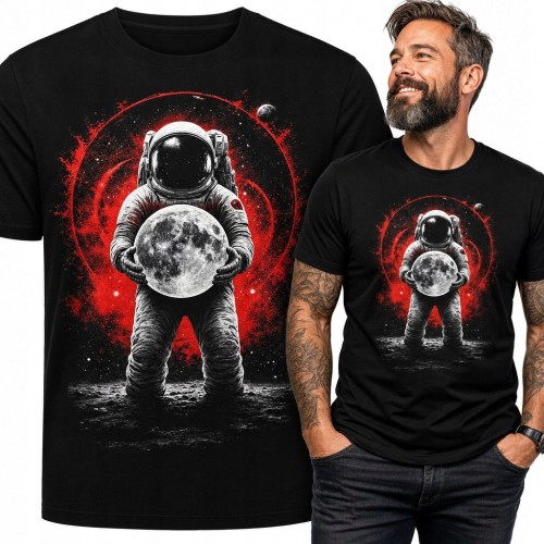 Koszulka męska z astronautą trzymającym Księżyc - kosmiczny nadruk