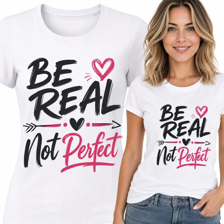 Koszulka damska z napisem „Be Real Not Perfect” - motyw autentyczności