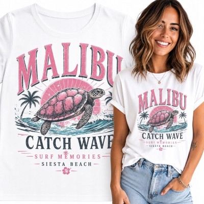 Koszulka damska z żółwiem morskim i napisem „Malibu” - retro surf
