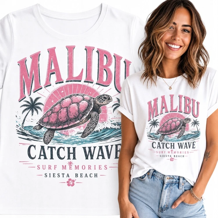 Koszulka damska z żółwiem morskim i napisem „Malibu” - retro surf